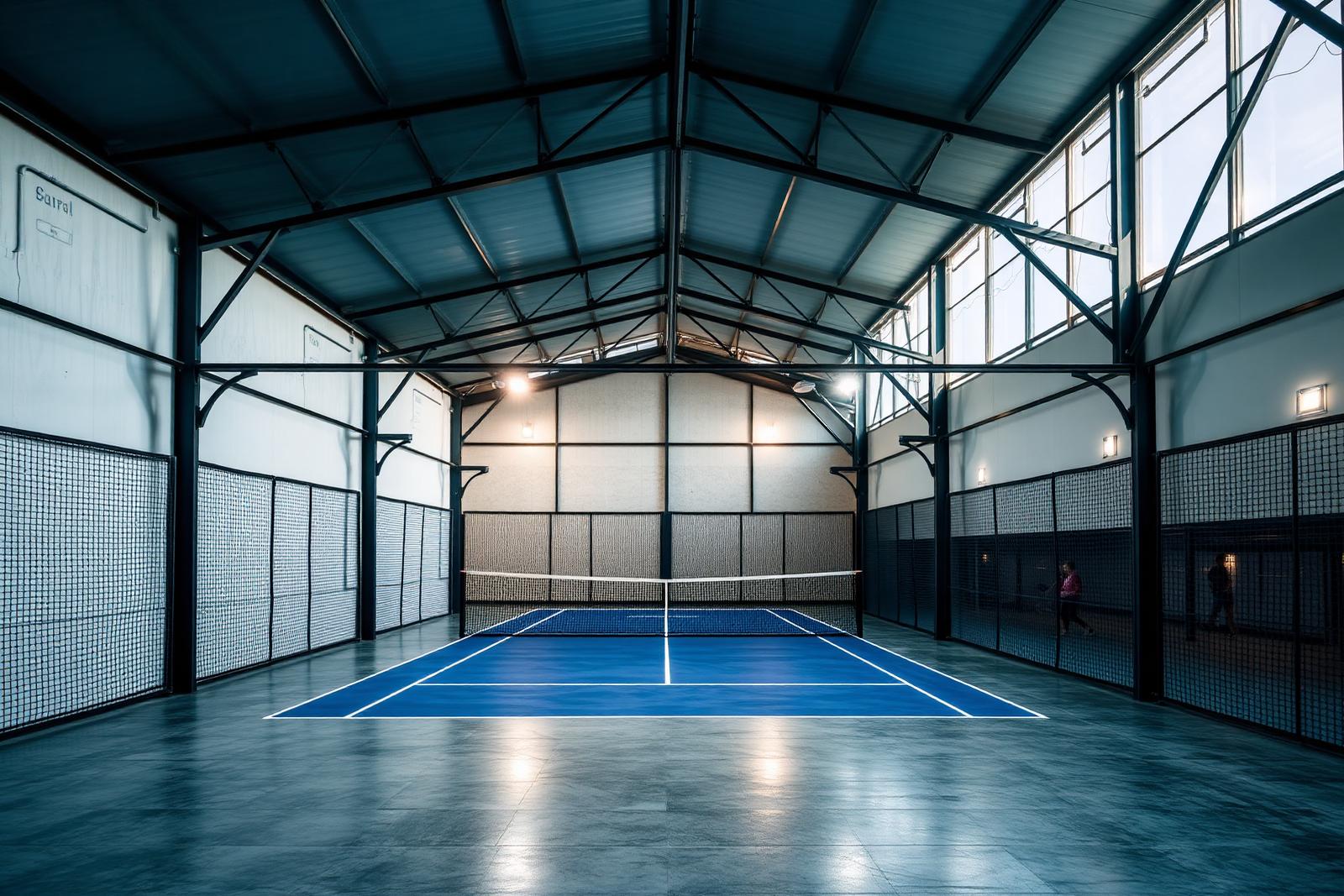 Indoor padel court with panoramic glass, steel structure and overhead lighting